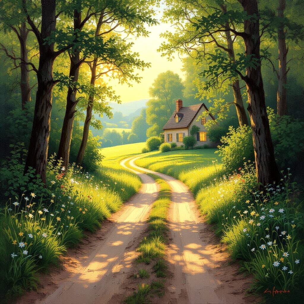 Painterly Realism: Sun-Dappled Forest Road to Farmhouse