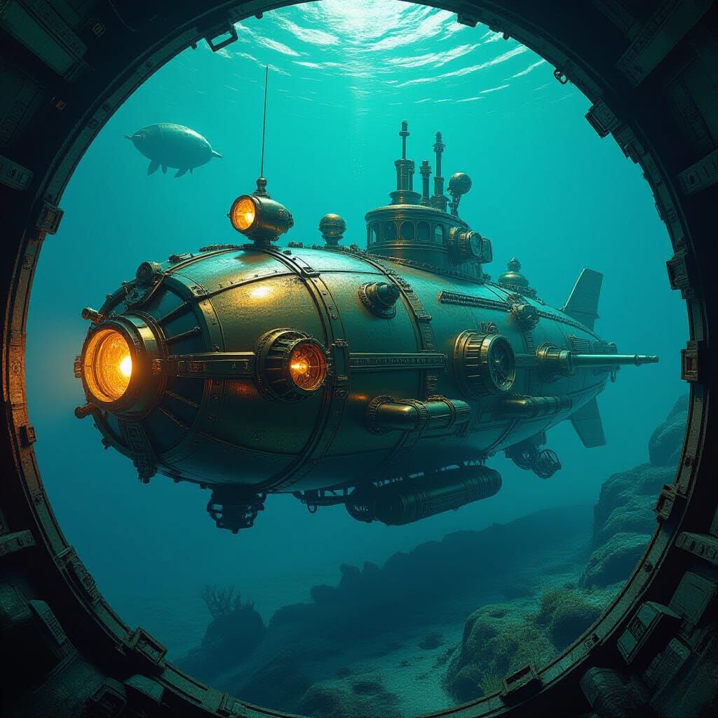 Steampunk Submarine Exploring Alien Ocean Depths