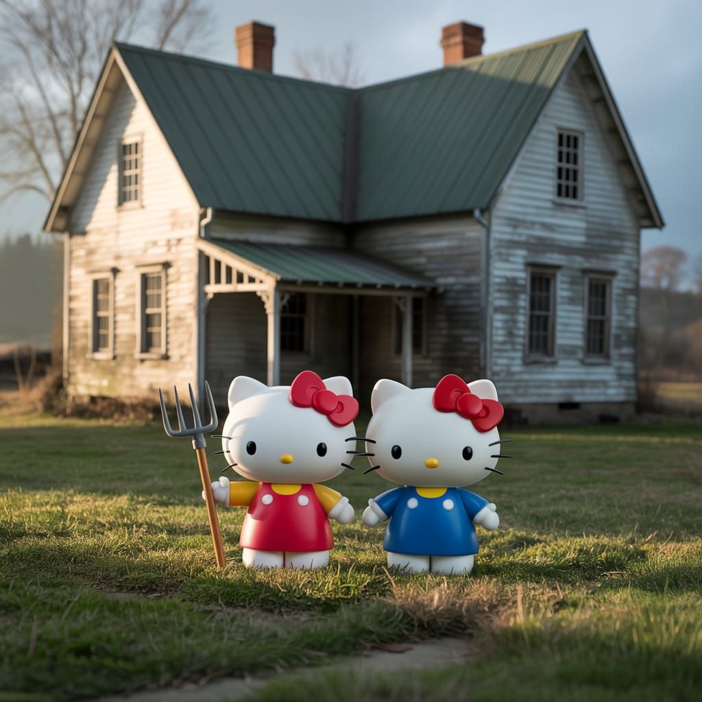 Hello Kitty Dolls Recreate American Gothic Painting