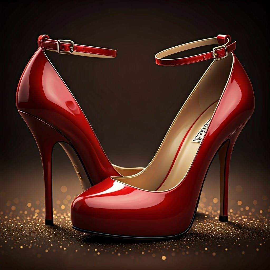 Red and Gold High Heels in Hyperrealistic Style