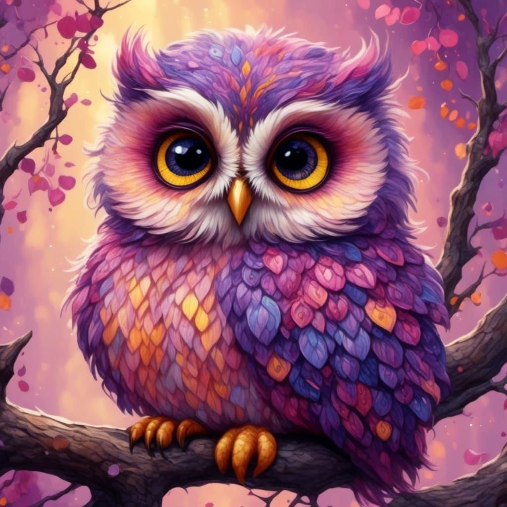 Cute Fluffy Owl with Purple, Yellow, and Pink Hues