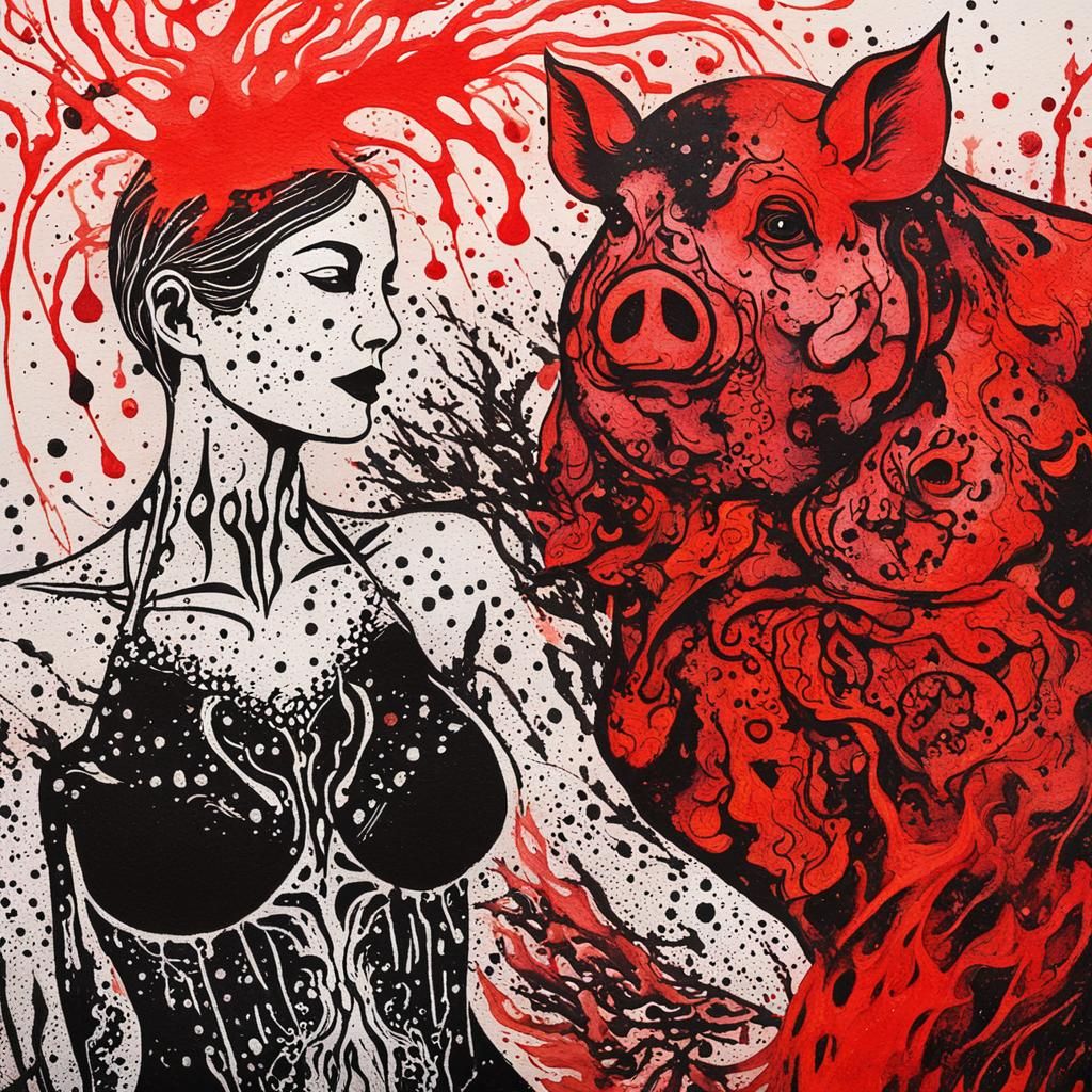 Surreal Ink Blot Art: Woman and Pig-Man in Flames