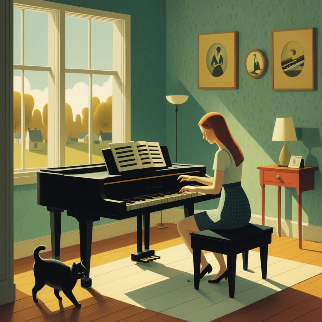 Girl Plays Piano for Cats, Inspired by Diverse Artistic Styl...