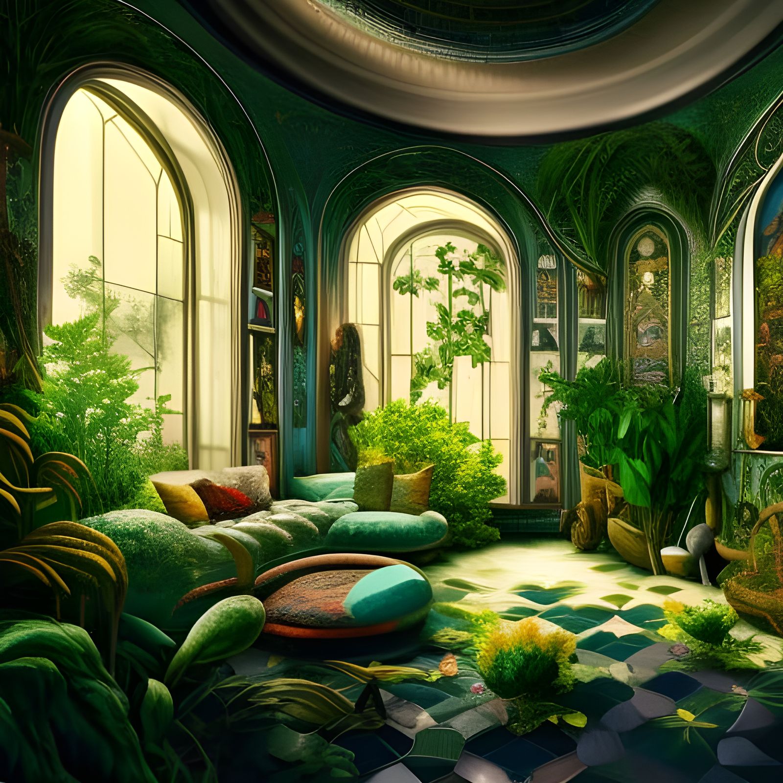Maximalist Solarpunk Living Room in Hyperrealistic Style