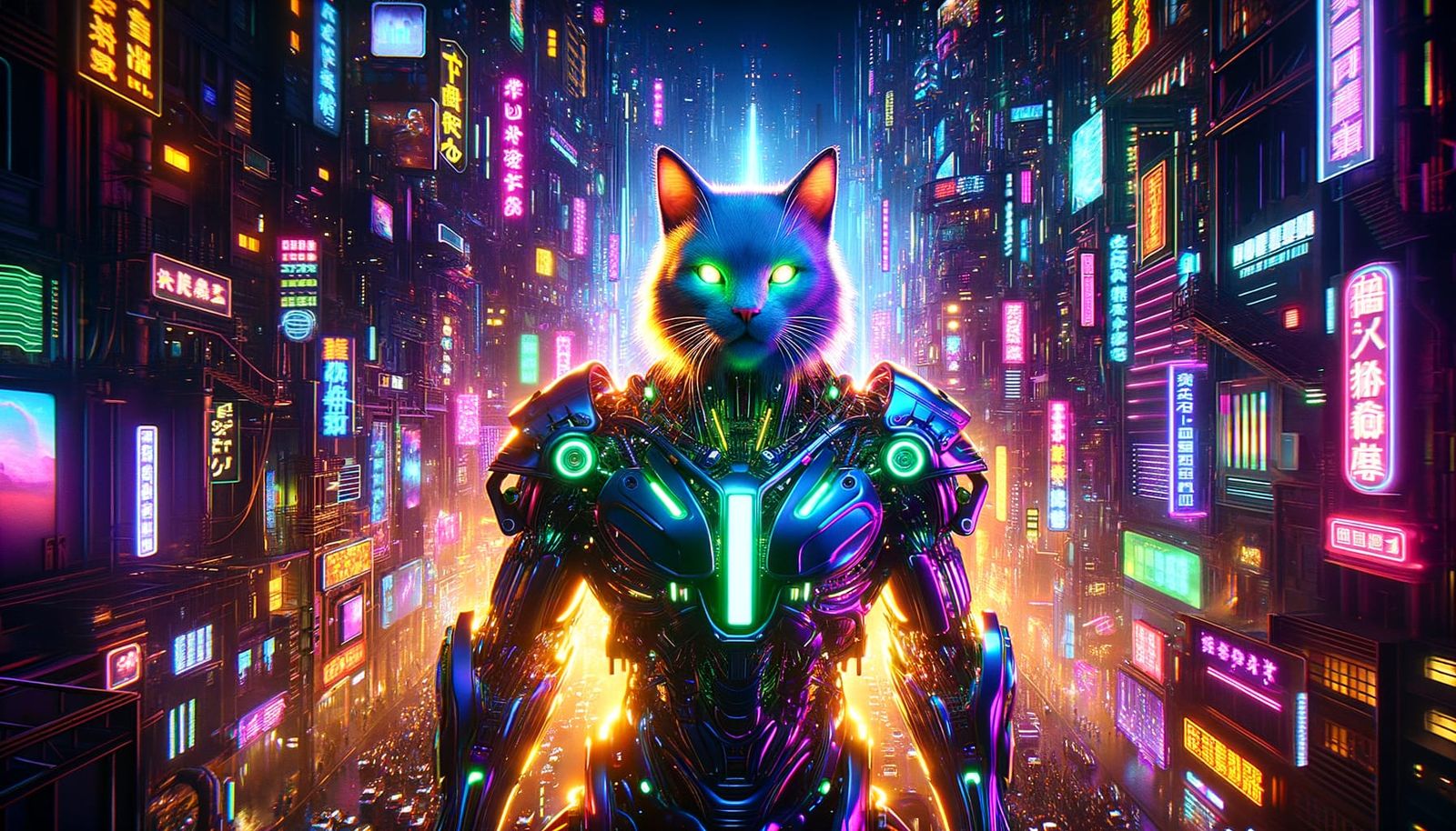 Cyberpunk Cat in Neon Armor, Anime Style