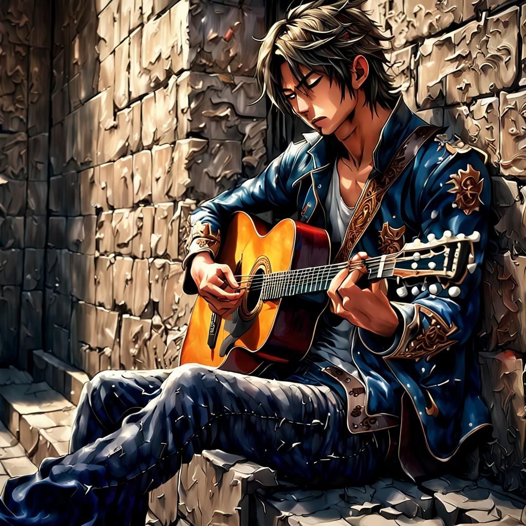 Hyperrealistic Guitar Player in Anime Key Visual Style
