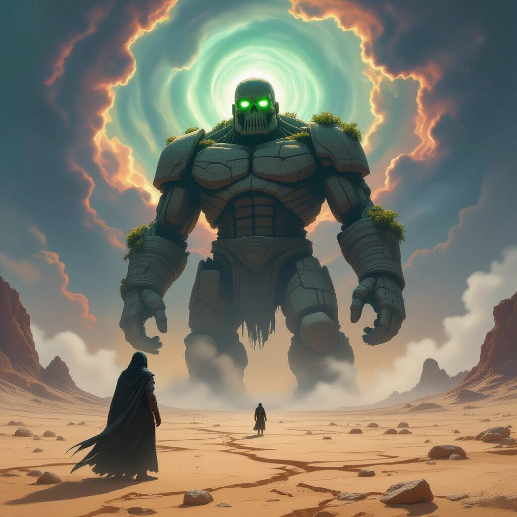 Skeleton Gazes at Giant Golem in Cosmic Desert