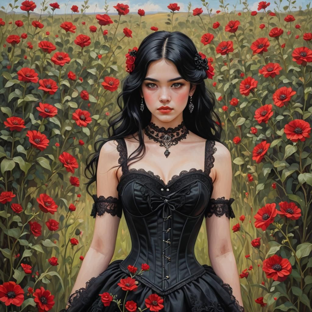 Teen Girl in Red Flower Field: An Oil Painting