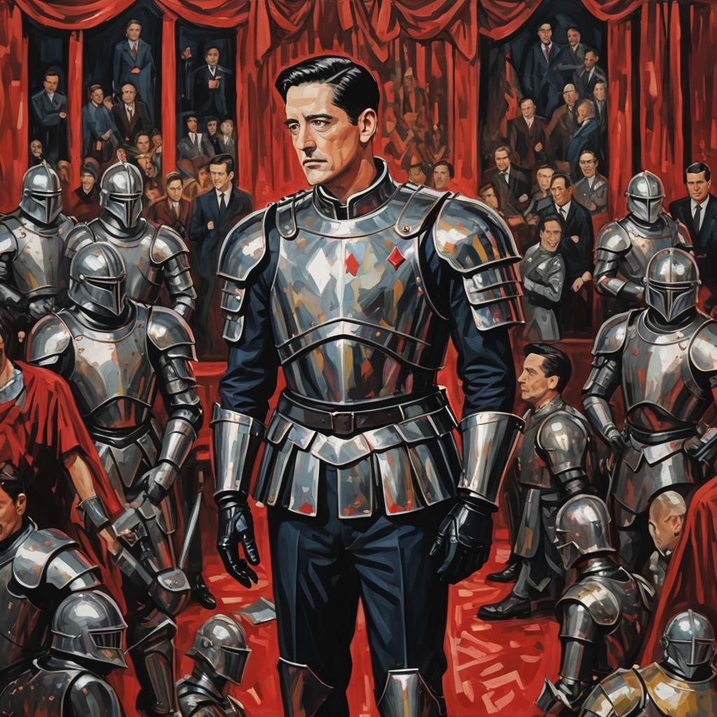 Expressionist Knight in Crowded Castle Ballroom