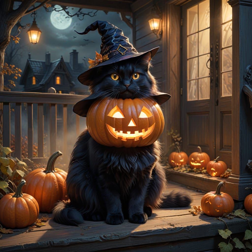 Regal Cat in Witch Hat with Glowing Pumpkin