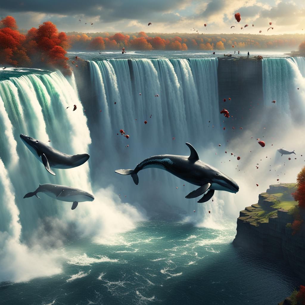 Whales Plunge Over Niagara Falls: Detailed Fantasy Art