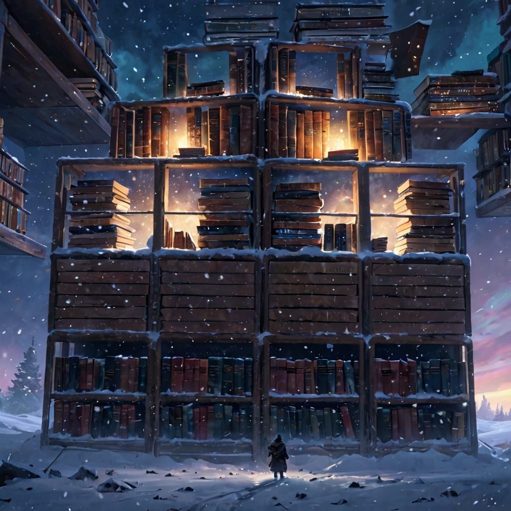 Lone Figure With Book Stack Under Aurora Borealis