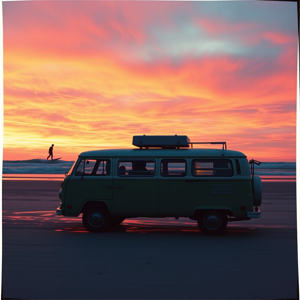 Vintage Camper Van on Beach at Sunset with Surfer