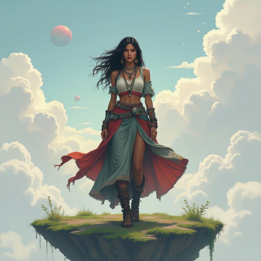 A solitary Boho-Rebel woman stands defiantly on a floating island