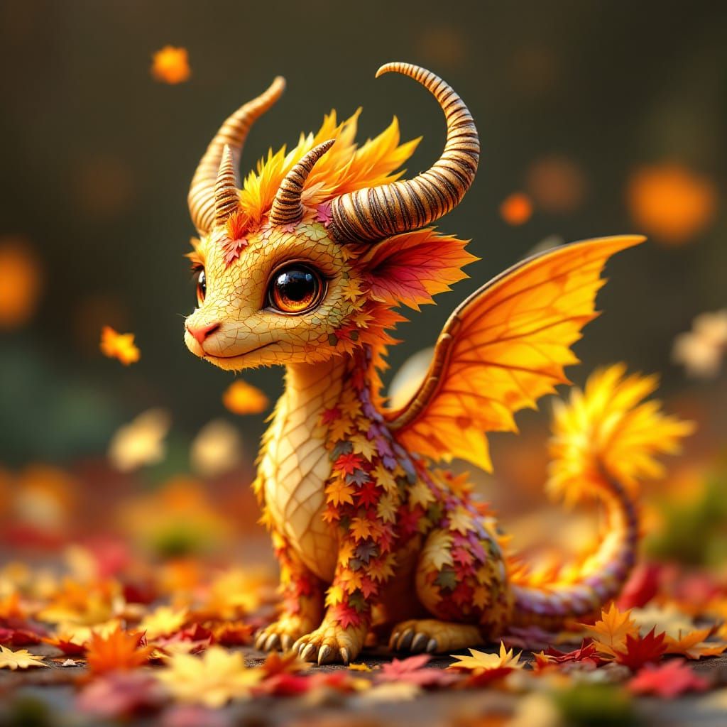 Adorable Fall Creature with Horns and Wings in Fantasy Art