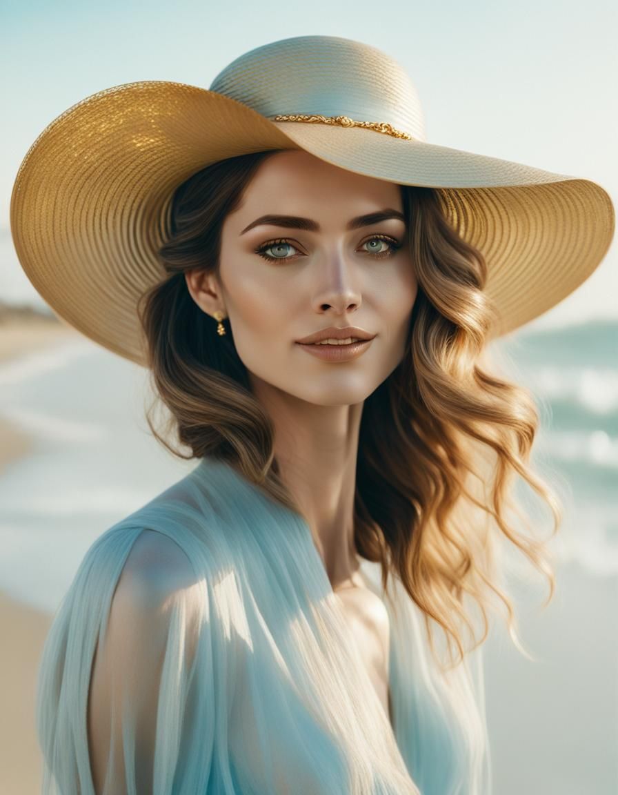 Ethereal Woman on Beach in Art Nouveau Style