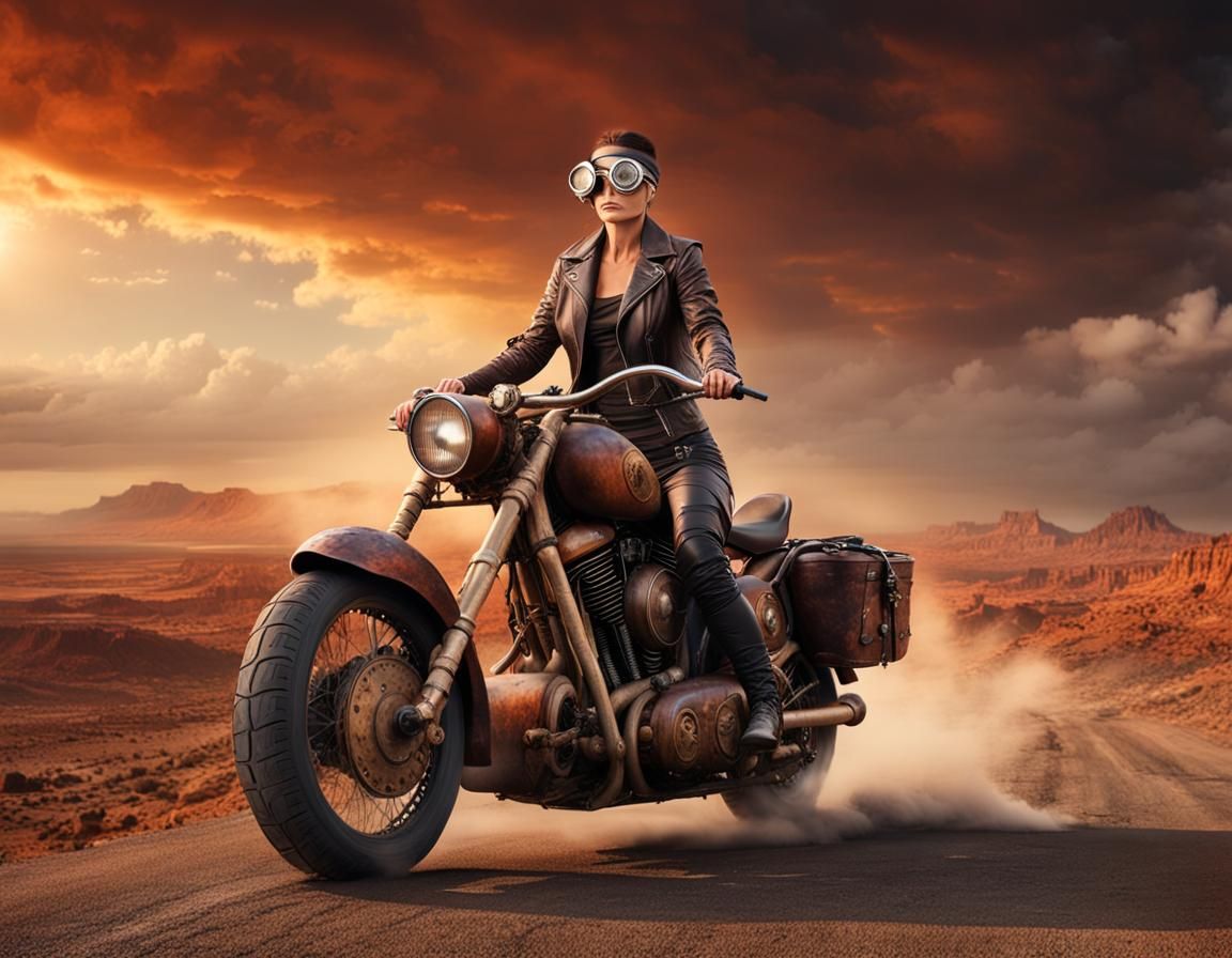Steampunk Woman Rides Motorcycle Through Desert