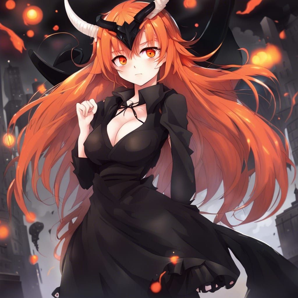 Anime Demon Girl with Orange Hair and Horns