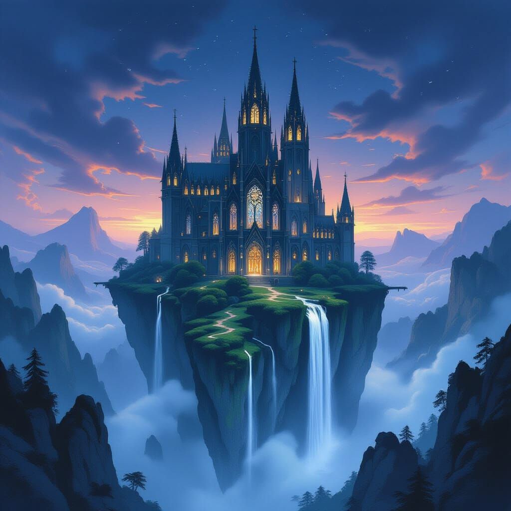 Floating Gothic Cathedral Above Misty Abyss