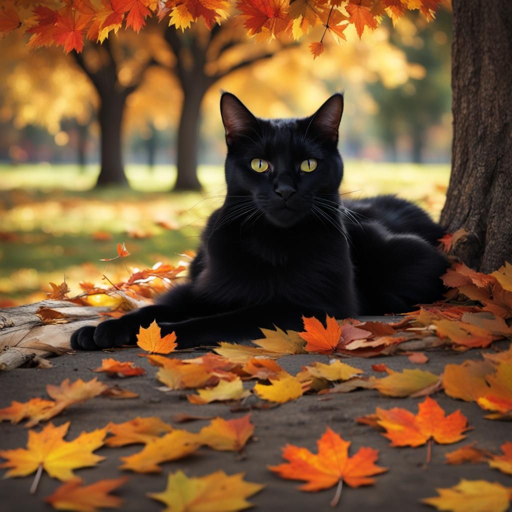 Black Cat Sleeping Under Autumn Tree