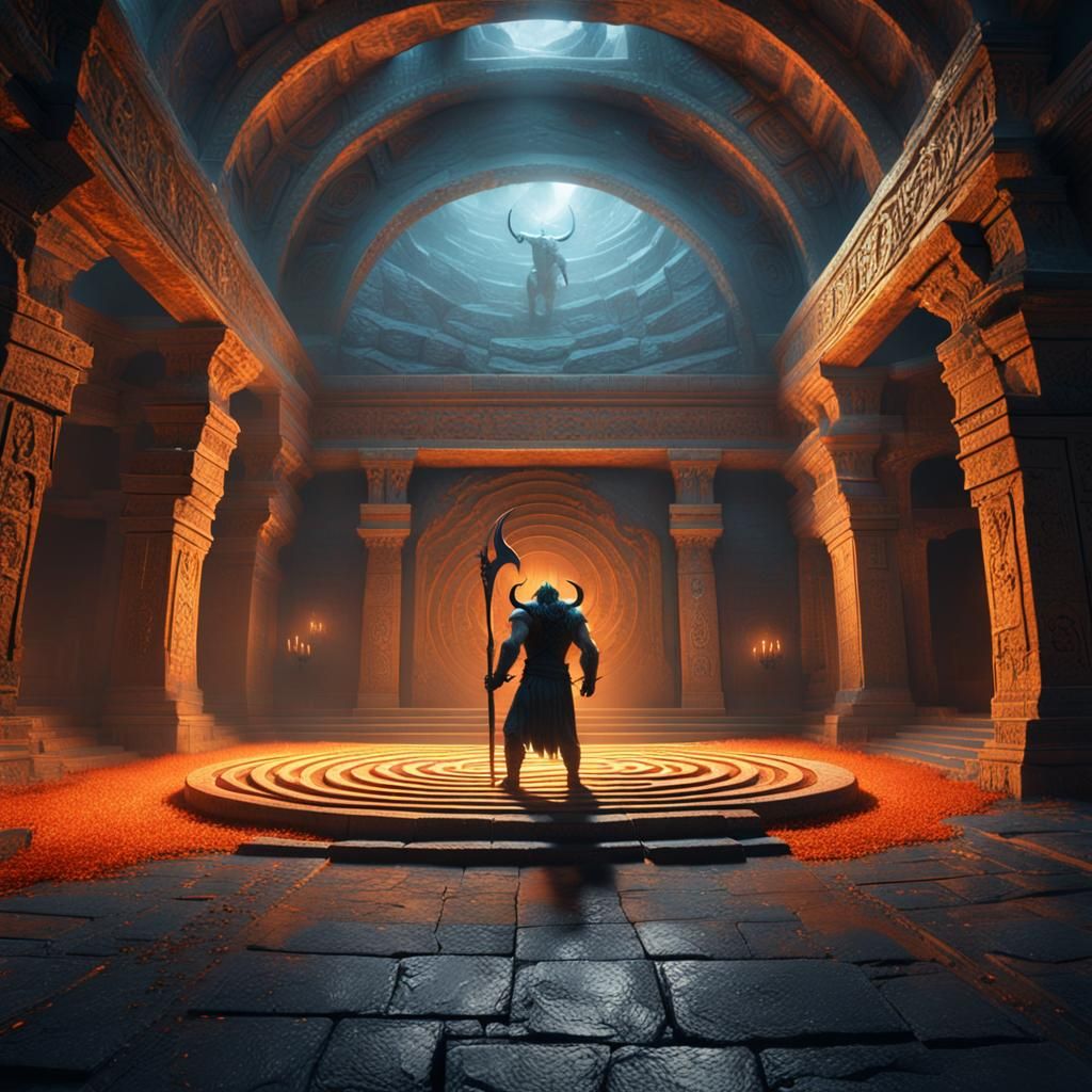 Heroic Minotaur in Ancient Labyrinth: Fantasy Concept Art
