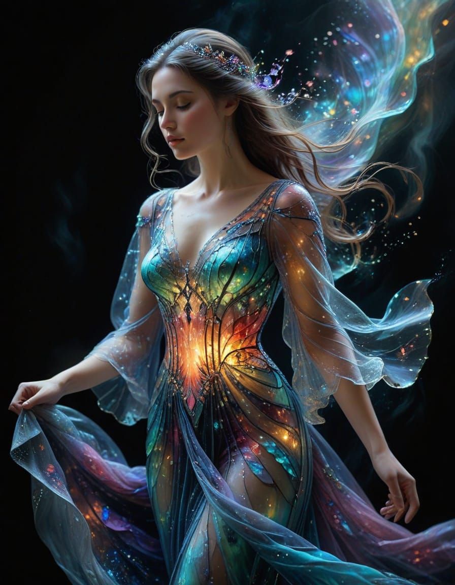 Ethereal Woman in Iridescent Stained Glass Gown