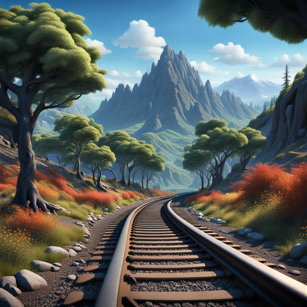 Railroad Tracks to Distant Mountains: Fantasy Art