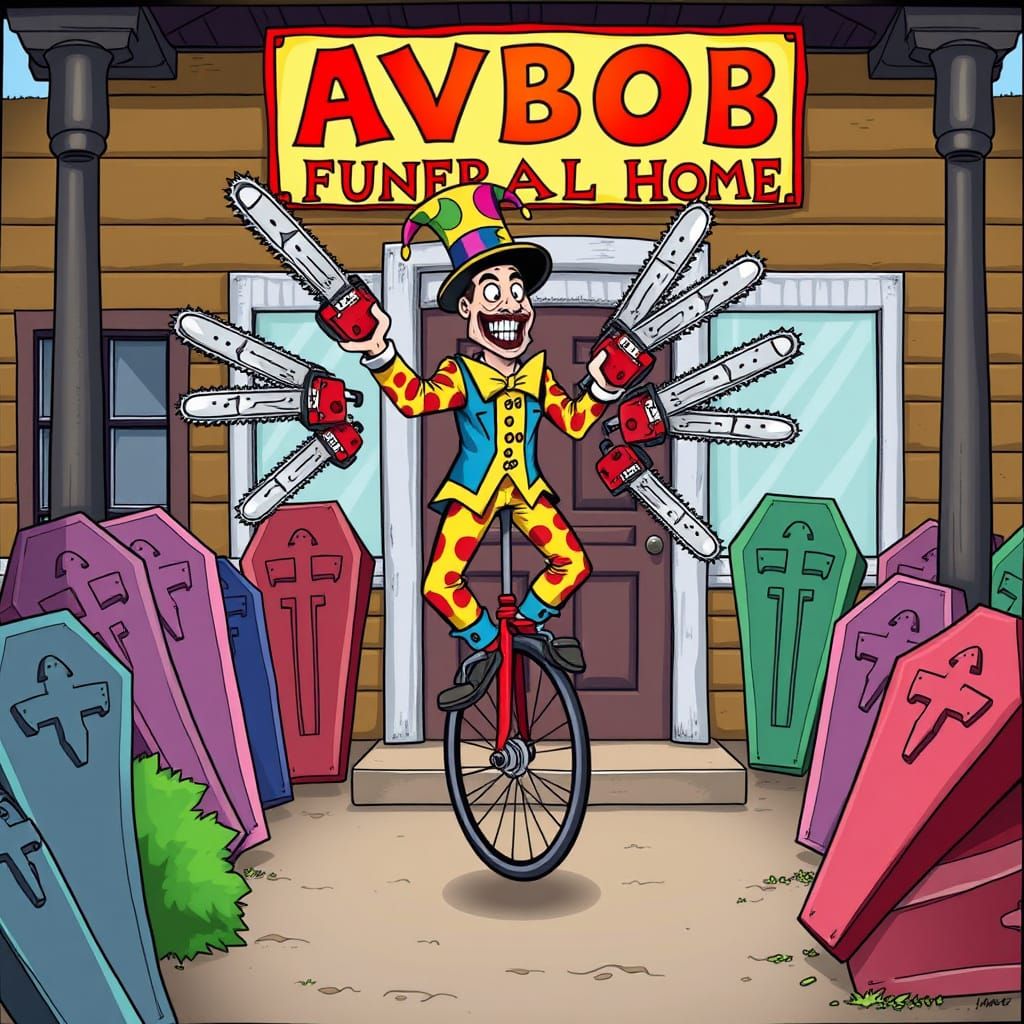 Cartoon Juggler Balances Chainsaws at Funeral Home