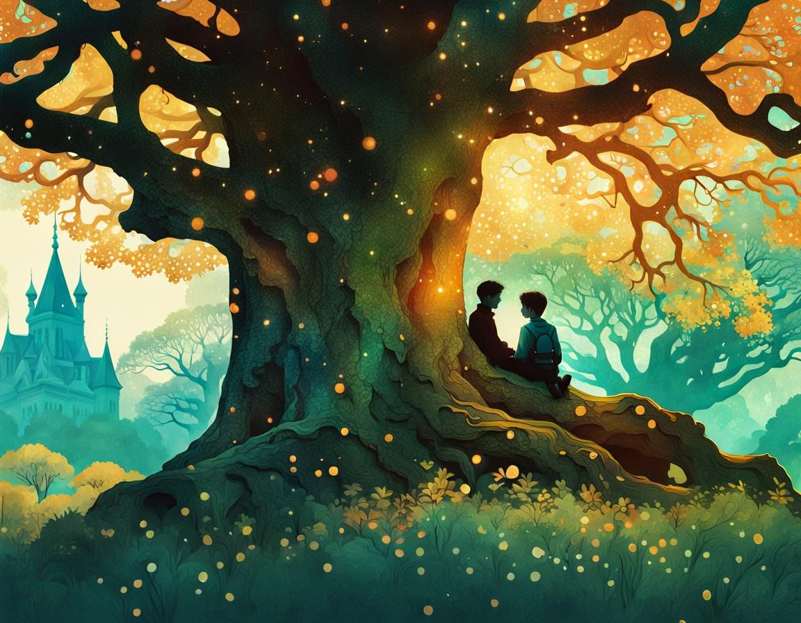 Boy Resting Under Oak Tree: Art Nouveau Collage