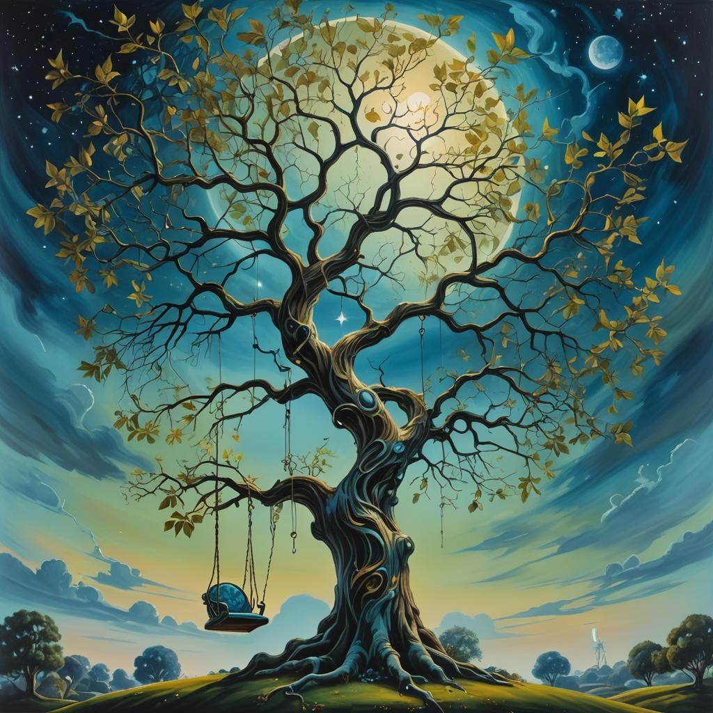 Magical Tree in Surreal Landscape, Oil Painting