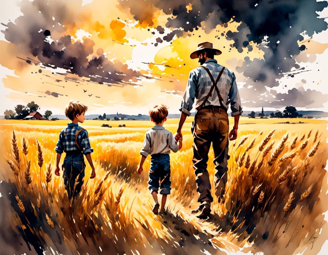 Farmer and Son in Wheat Field, Impressionist Gouache