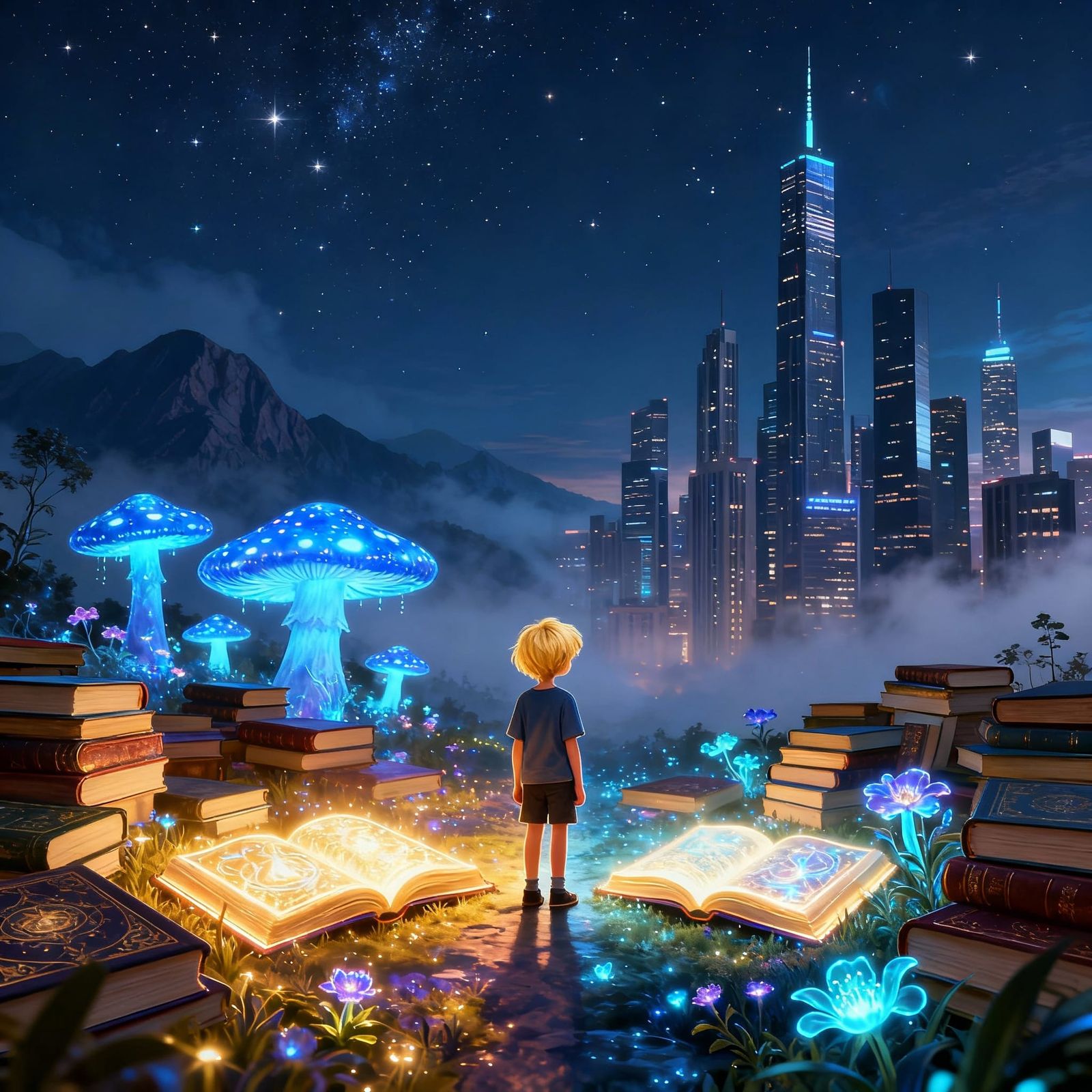 Child Between Worlds of Books and Cityscapes