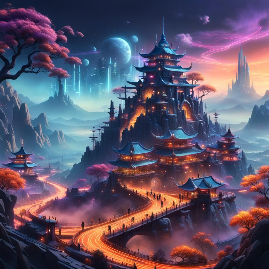 Futuristic Cityscape with Glowing Circuits in Digital Art