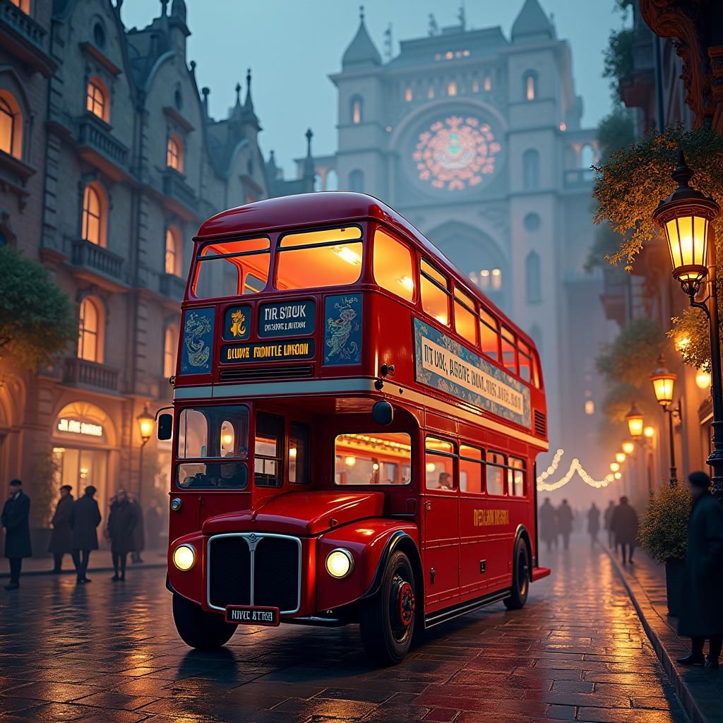 Detailed London Bus in Dreamlike Cityscape