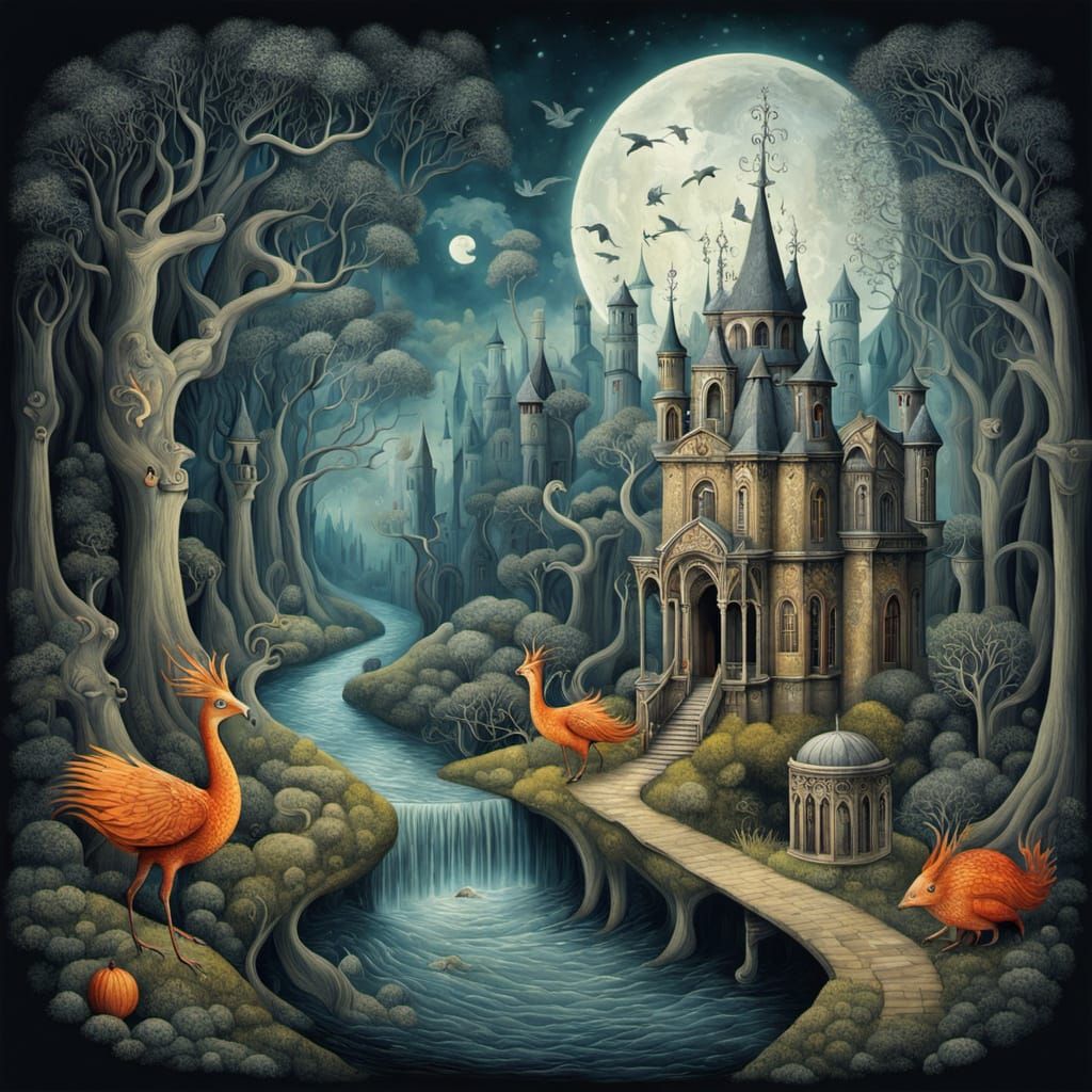 Whimsical Fantasy Landscape with Mystical Creatures