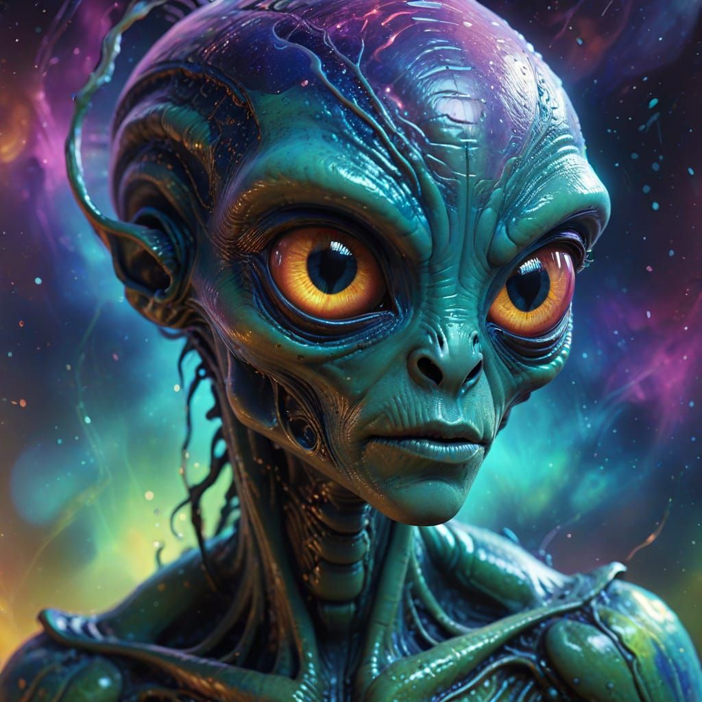 Surreal Close-Up of an Alien as Oil Painting