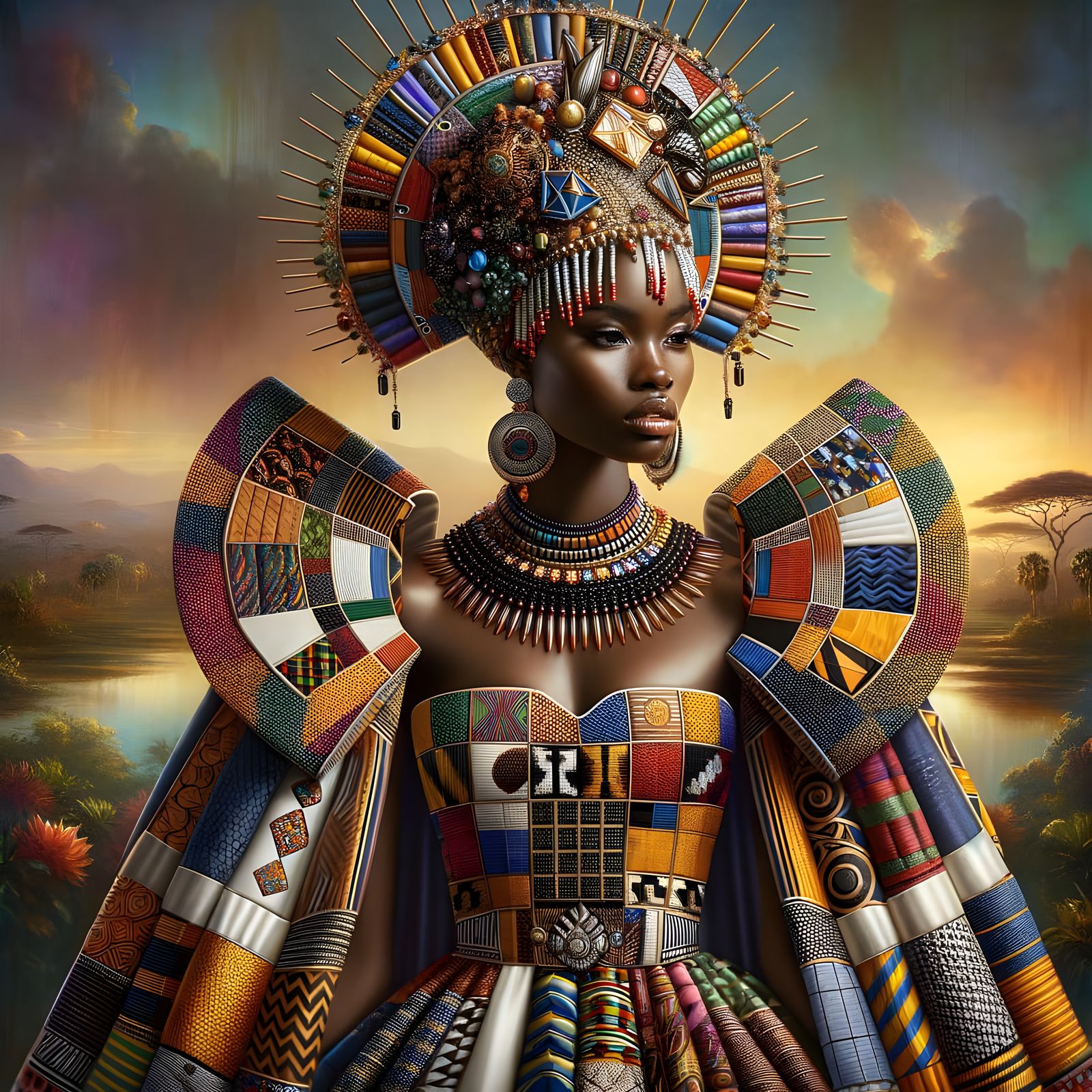 African Queen in Modern Regalia with Vibrant Textiles and Ge...