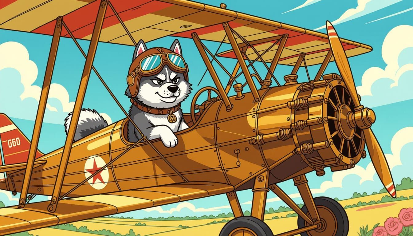 Steampunk Husky Pilot in Whimsical Candy Landscape