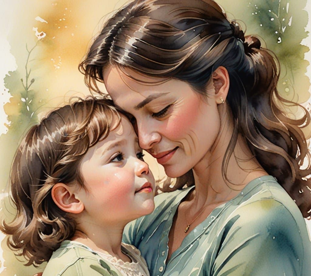 Mother and Child in Soft Watercolor Portrait