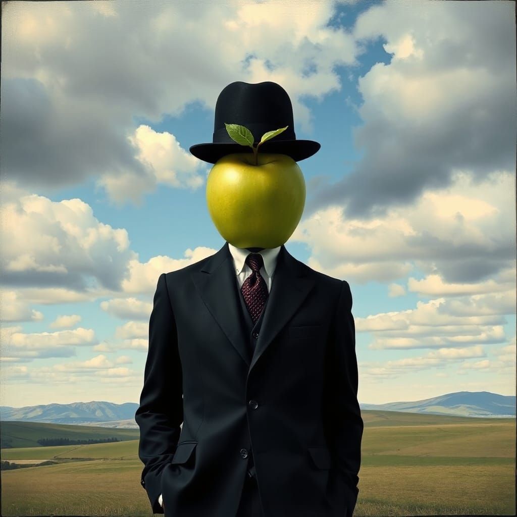 Surreal Man with Apple, in a Magritte Style