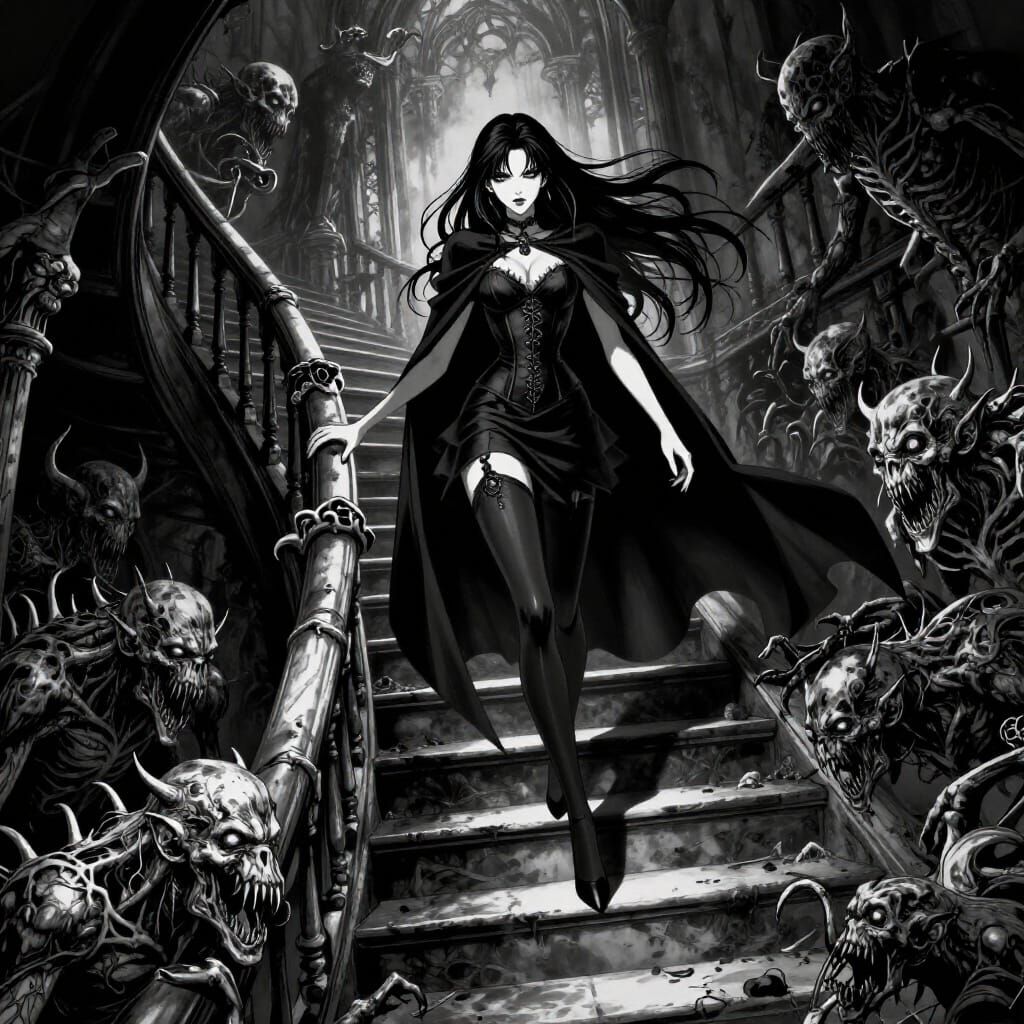 Gothic Sorceress Descends Shadowy Staircase with Monsters