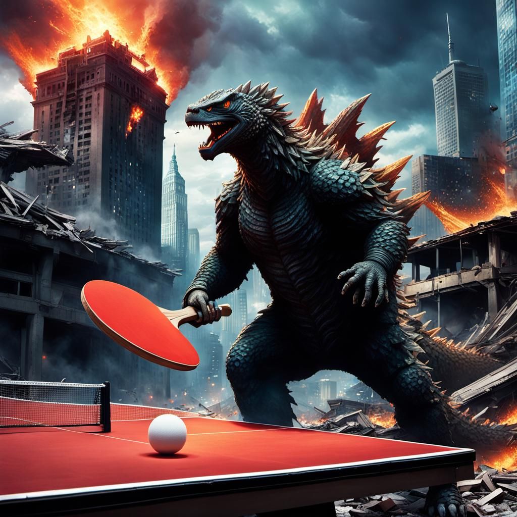 Godzilla Battles Ping Pong Player in a Smoldering Metropolis