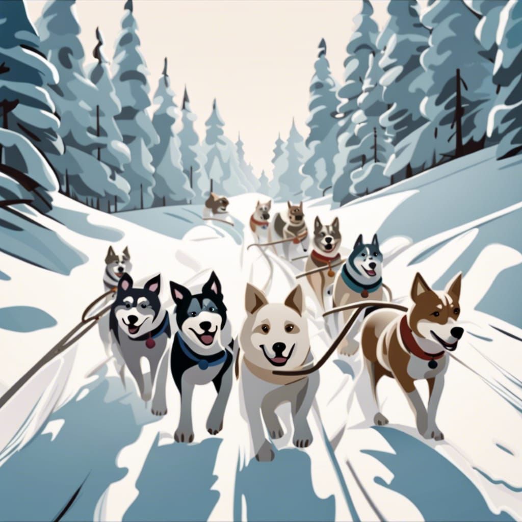 Snow Dogs Sledding Through Winter Forest