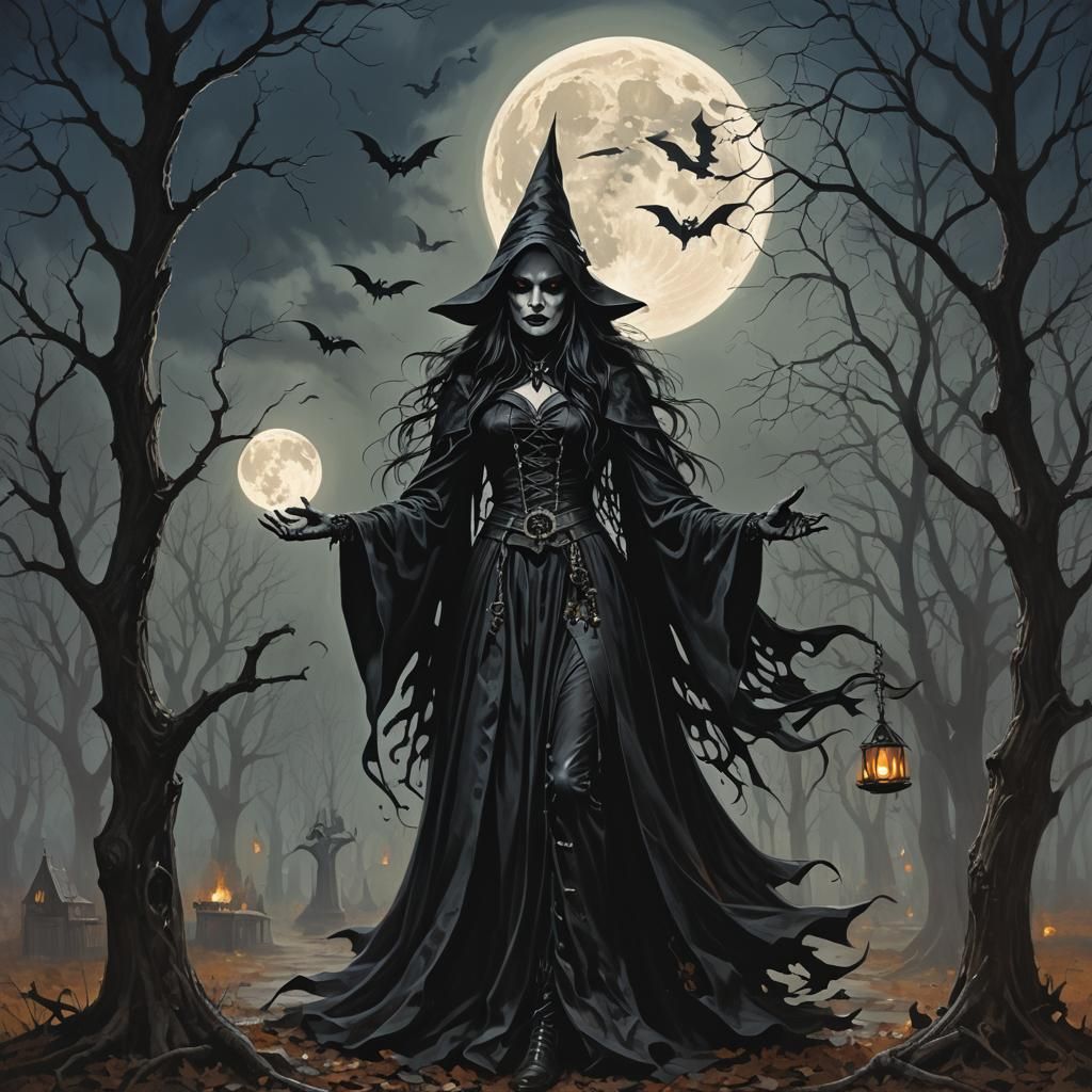 Gothic Witch Under Full Moon: Dark Romanticism