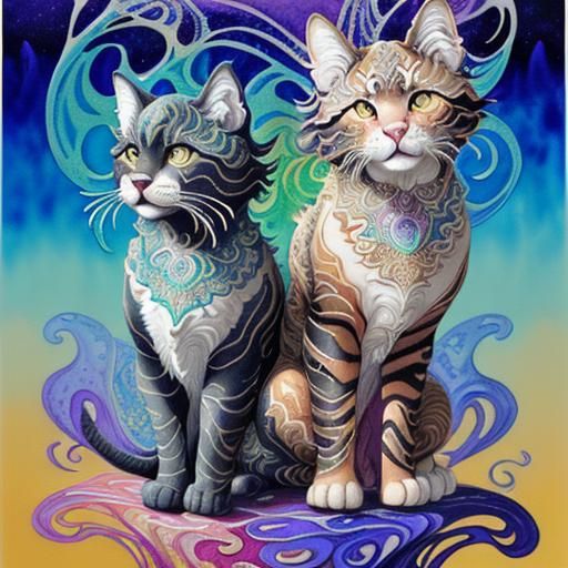 Fractal Felines Flirting: Gouache Style Masterpiece