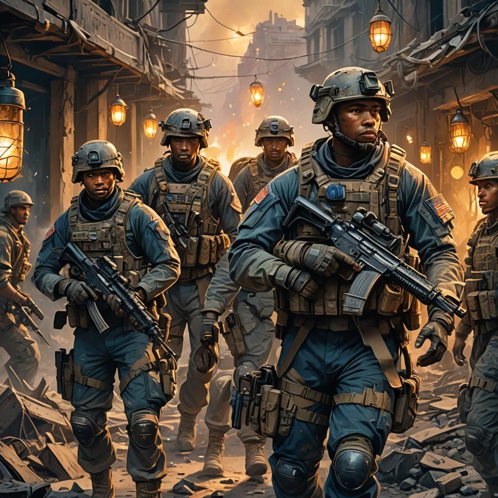 USA Soldiers in War-Torn Environment, Fantasy Illustration