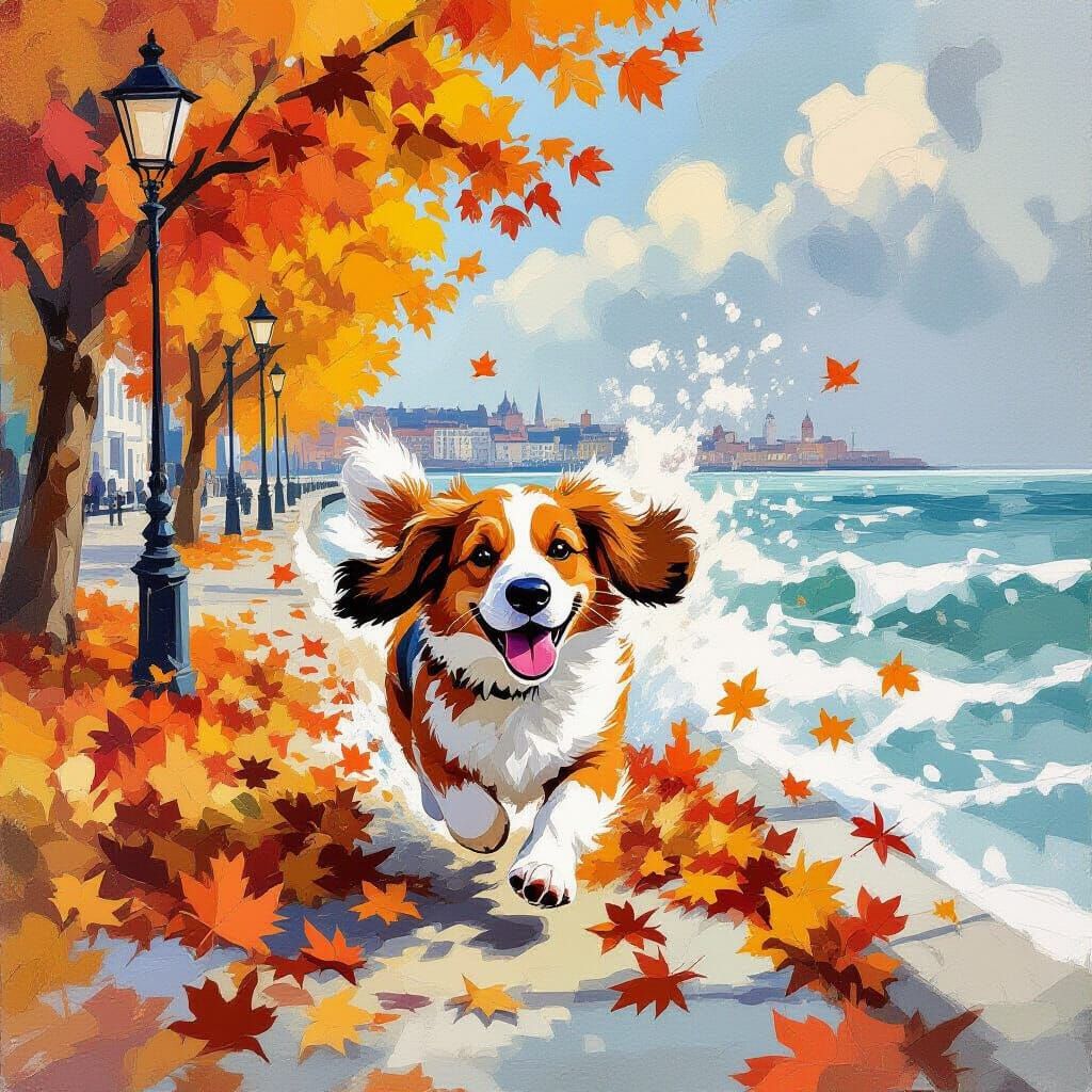 Fluffy Basset Hound Runs Through Autumn Leaves in Harbor