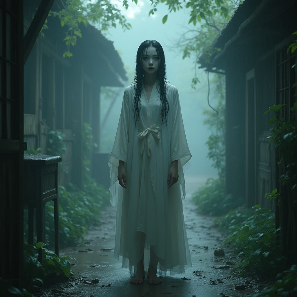 Ethereal Chinese Ghost Woman in Flooded Forest
