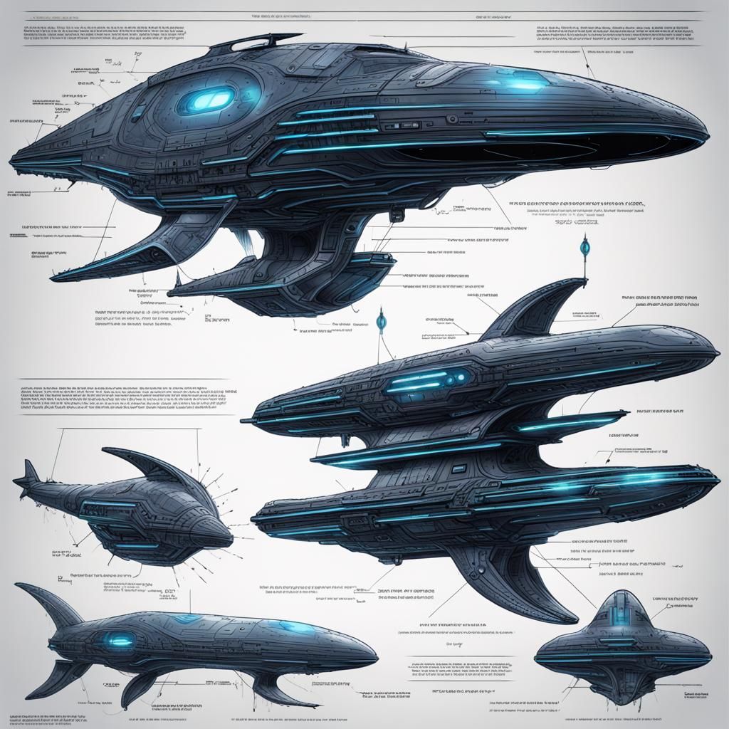 Futuristic Space Whale Spaceship Blueprint in Sci-Fi Style