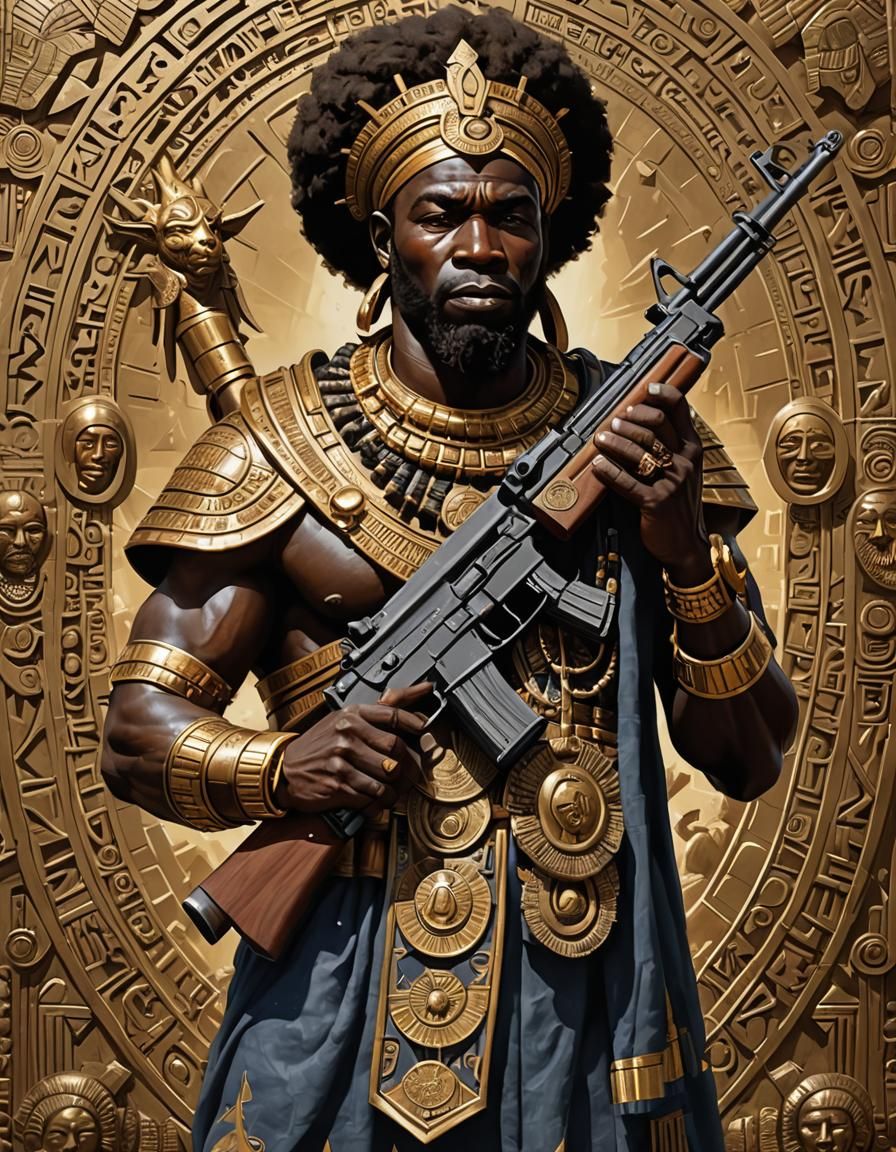 Afrocentric God with AK-47, Hyperdetailed Splash Art